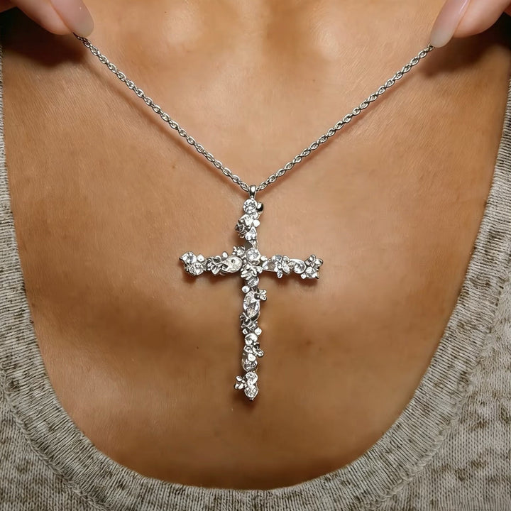 S925 &amp; 14K Floral Cross Diamond Rope Chain Necklace, Perfect Gift Choice For Women