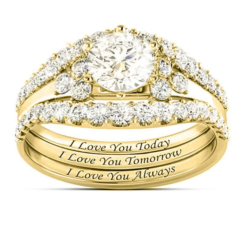 Round Diamond Engraved 3-Piece Bridal Stack Ring, Personalized "I Love You Today Tomorrow Always" Promise Ring