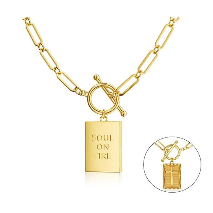 Paperclip Chain Toggle Clasp Rectangular Tag Pendant Necklace, Engraved Back Layerable Daily Fashion Jewelry