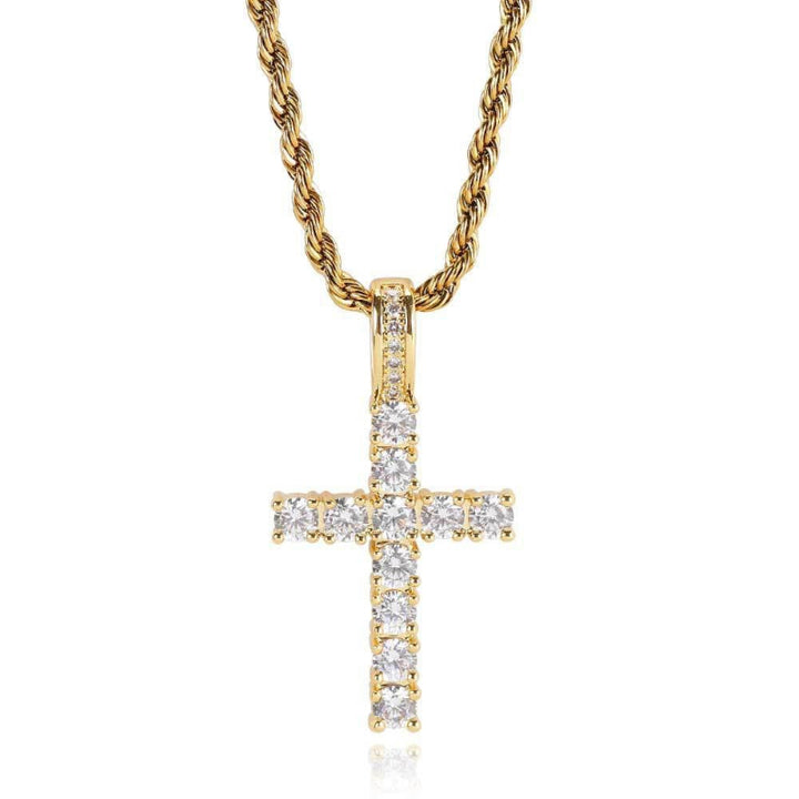 Iced‑Out Round‑Cut Diamond Cross Pendant Necklace, 2‑Tone Hip‑Hop Rope Chain Necklace