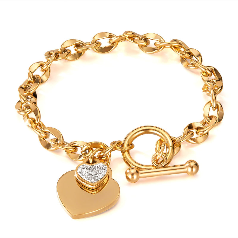 Heart-Shaped Diamond Pendant Bracelet, Hip-Hop Style Cuban Link Bracelet