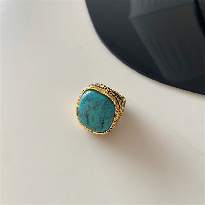 Textured 18K Gold Natural Stone Signet Ring, 3 Gem Tone Vintage Wide Band Statement Ring