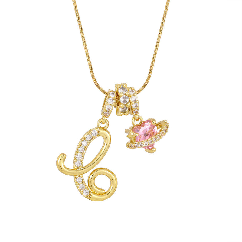 26 Letters Cursive Initial Pink Heart Planet Charm Gold Snake Chain Necklace
