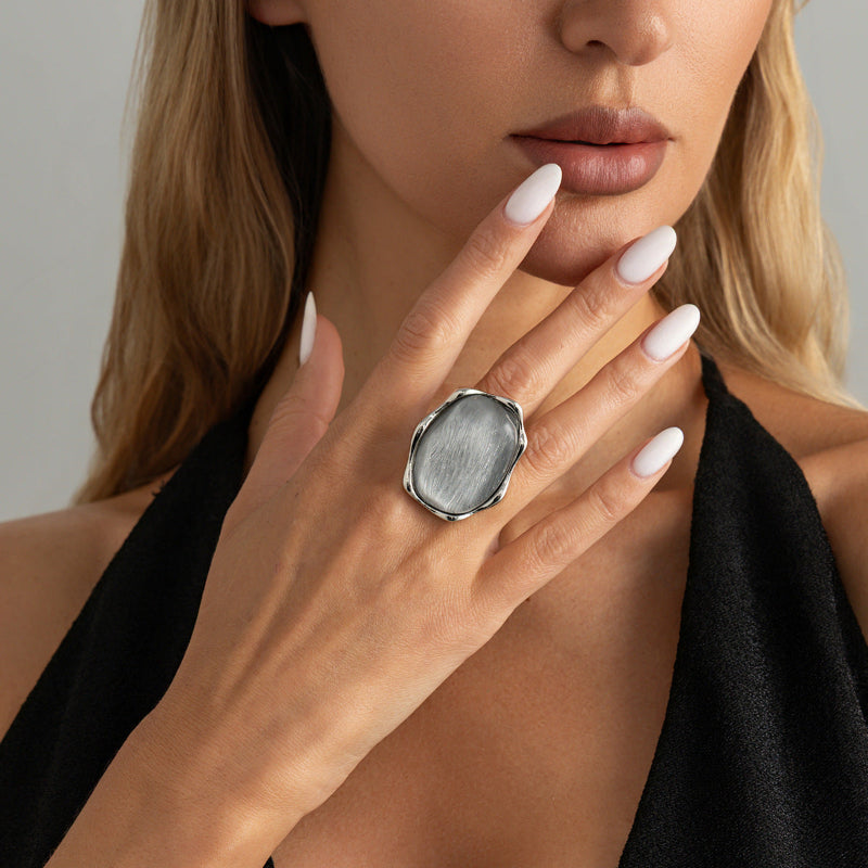 Irregular Wavy Frame Brushed Stone Statement Ring, Minimalist Chunky Silver Cocktail Ring