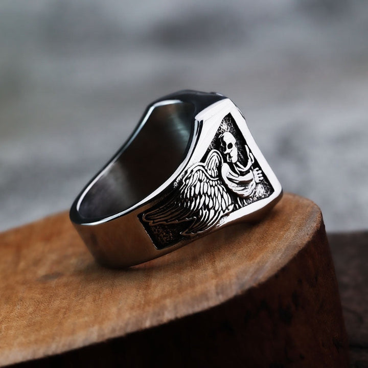Vintage Grim Reaper Skull 3D Carved Wide Band Men's Statement Ring, Punk Hip Hop Death Skull Ring