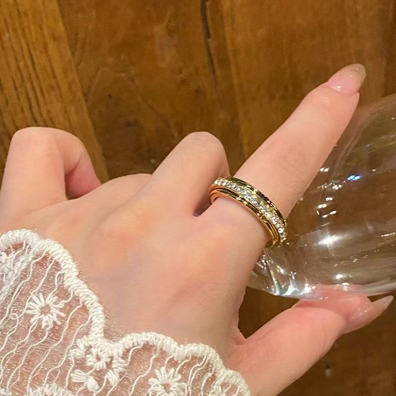 Rotating Ring Paved Clear Diamond Band, 3 Tone Minimal Thin Wedding Statement Ring