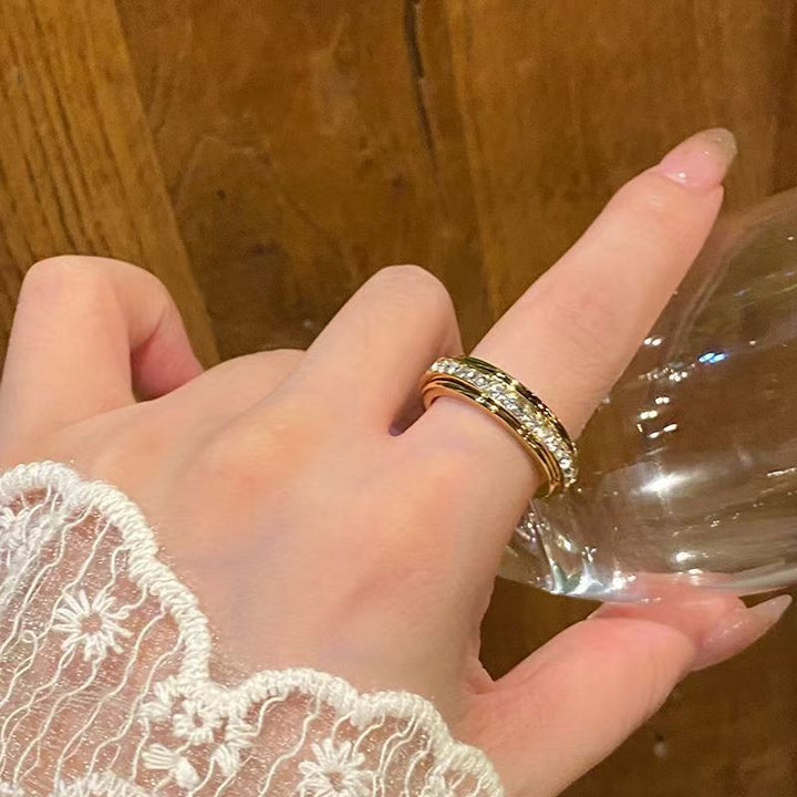 Rotating Ring Paved Clear Diamond Band, 3 Tone Minimal Thin Wedding Statement Ring