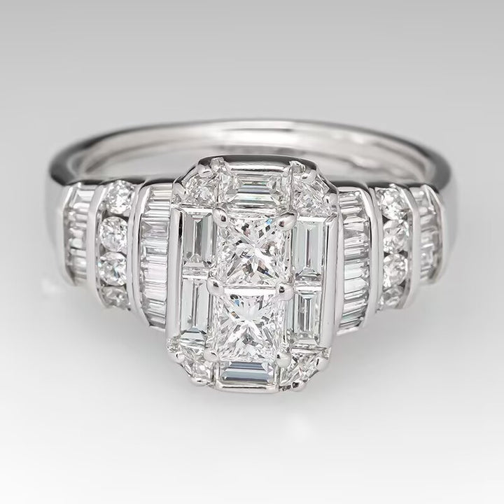 Multi-Stone Statement Ring, Vintage Rectangular Cut Stylish Engagement Proposal Diamond Rings