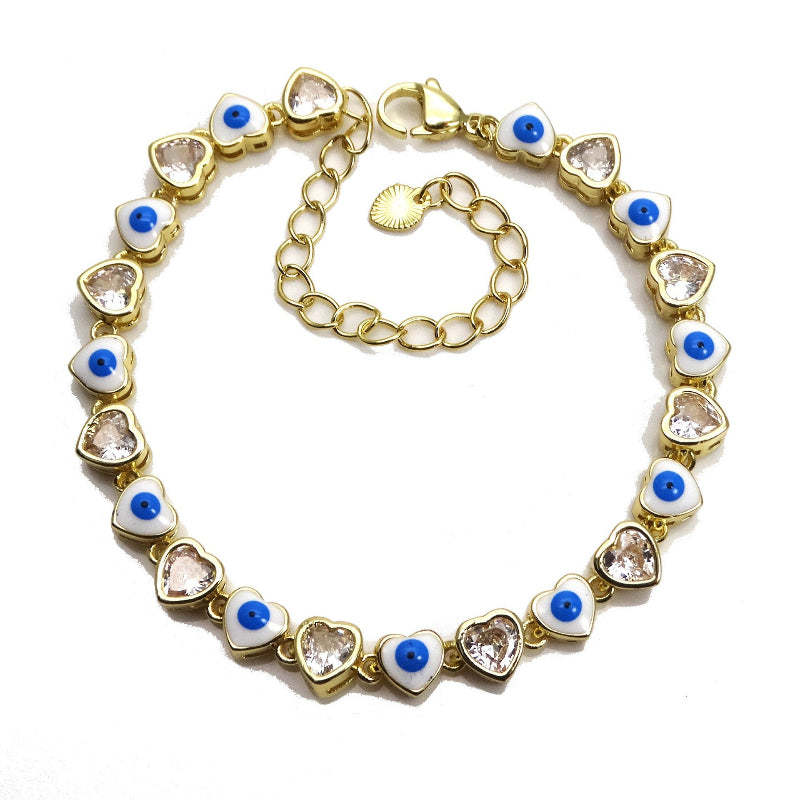 Multi-Color Enamel Evil Eye Heart Diamond Bracelet, Dainty Stackable Protection Symbol Women Coquette Wrist Jewelry