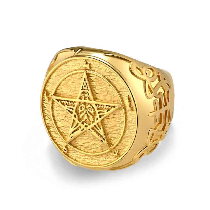 Gothic Pentagram Baphomet‑Style Signet Ring Men Ring, Antique Engraved Celtic Knot Statement Ring