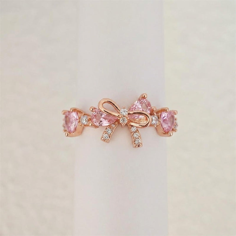 Dainty Pink Heart Diamond Bow Diamond Band Ring, Adjustable Opening Women Promise Ring