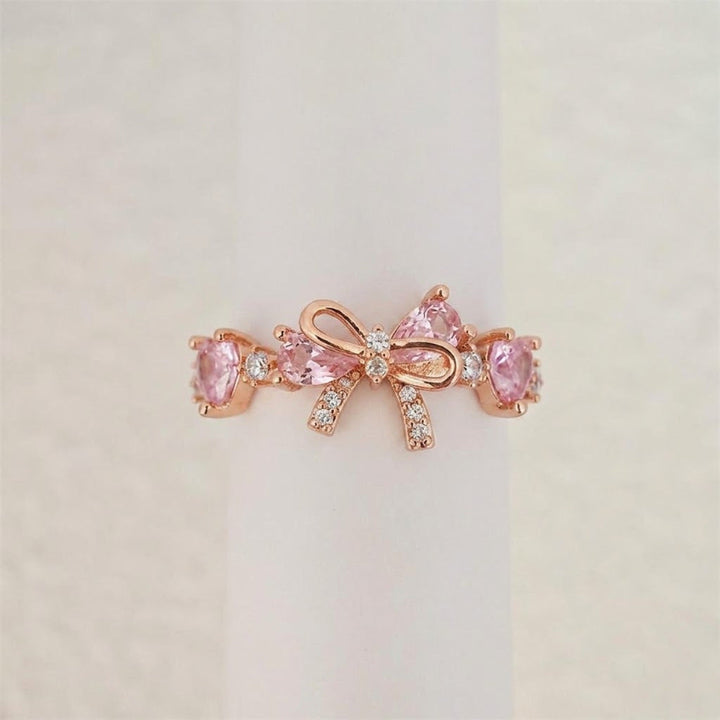 Dainty Pink Heart Diamond Bow Diamond Band Ring, Adjustable Opening Women Promise Ring