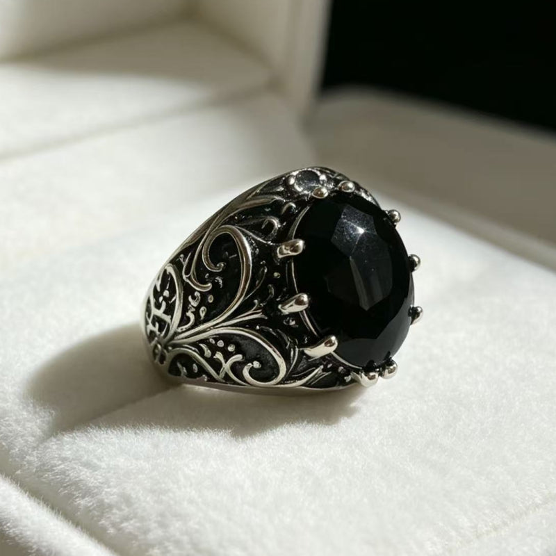 Vintage Ornate Black Gem &amp; Diamond Men’s Statement Ring, Two‑Tone Finish Gothic Wide Band Ring