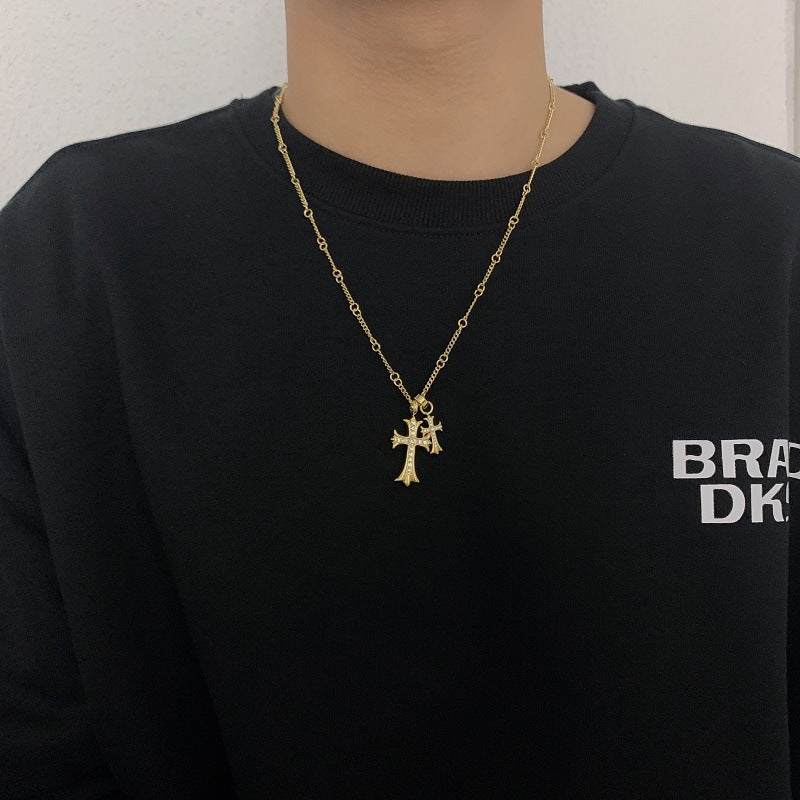 Double Cross Pendant Diamond Necklace, Versatile Statement Sweater Necklace, Trendy Gift for Women Men