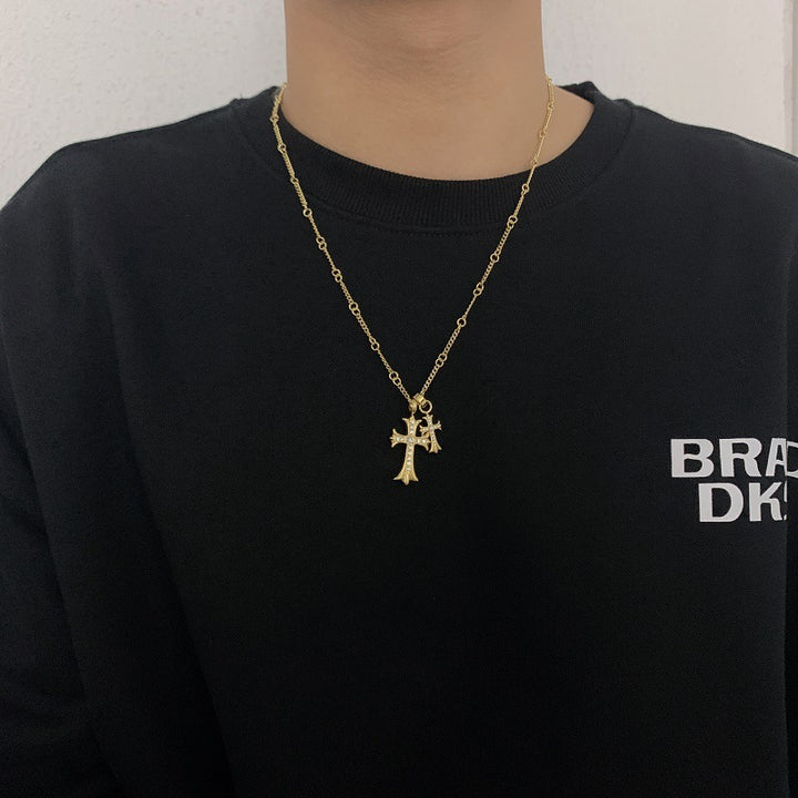 Double Cross Pendant Diamond Necklace, Versatile Statement Sweater Necklace, Trendy Gift for Women Men
