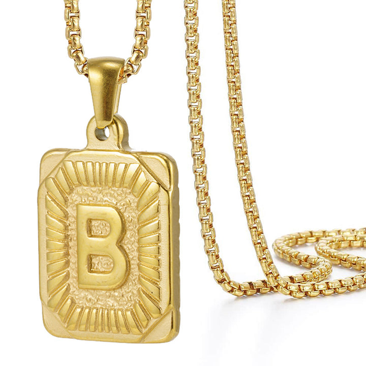 A-Z Vintage Sunburst Initial Tag Pendant Necklace, Personalized Men Women Hip Hop Stackable Statement Jewelry