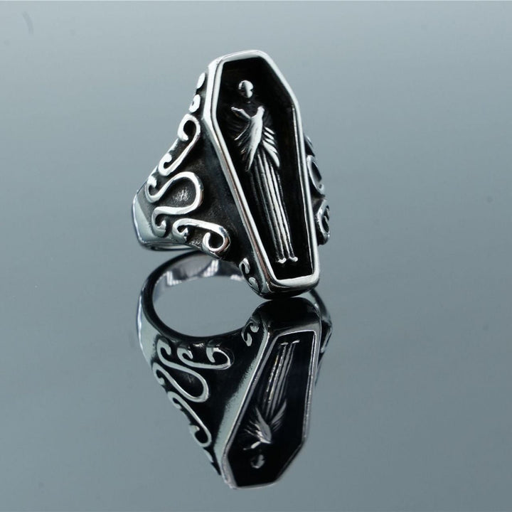 Gothic Coffin‑Shape Statement Ring, Vintage Scroll Engraved Dark‑Style Unisex Band Ring
