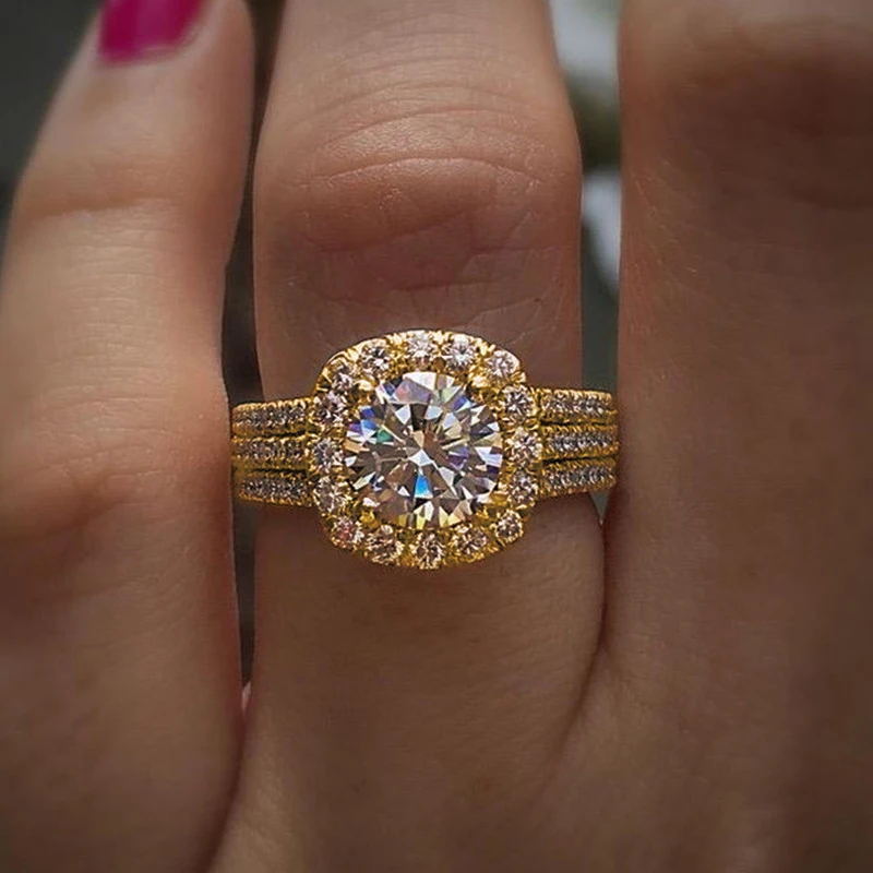 Cushion Double Halo Triple Pave Band Bridal Ring, Round Solitaire Engagement Wedding