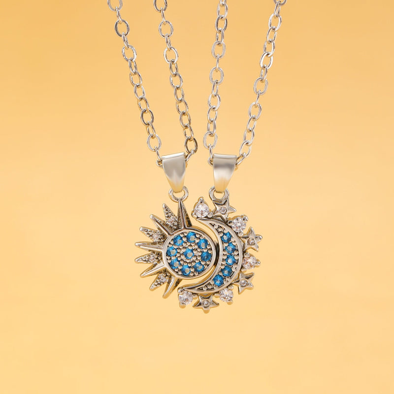 Magnetic Interlocking Sun Moon Star Couple Matching Pendant Necklace, His & Her Split Pair Spiritual Necklace