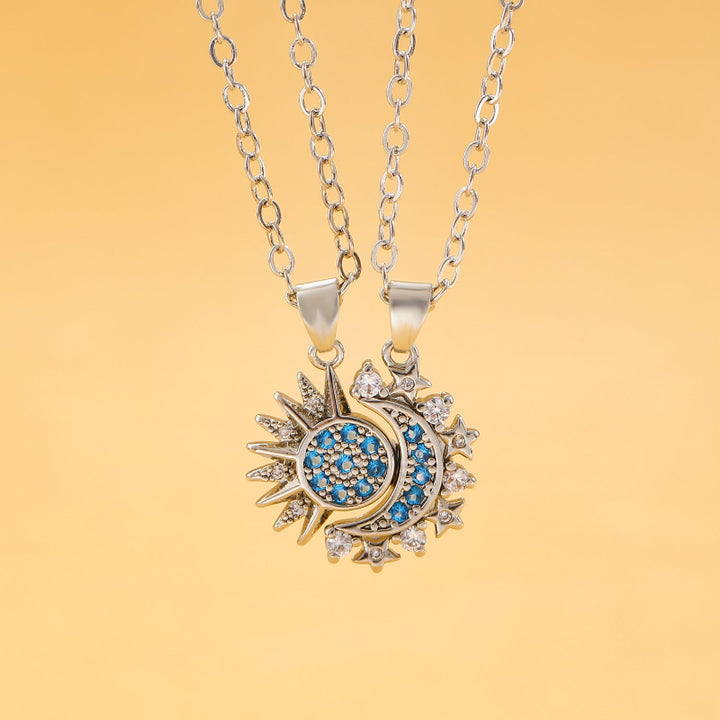 Magnetic Interlocking Sun Moon Star Couple Matching Pendant Necklace, His & Her Split Pair Spiritual Necklace