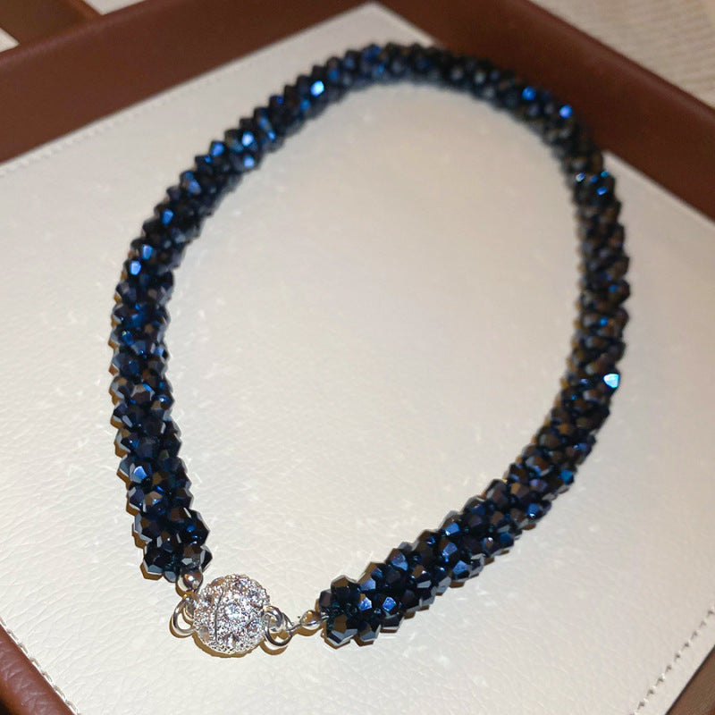Twisted Multi-Strand Faceted Diamond Choker, Magnetic Diamond Ball Clasp Beaded Necklace