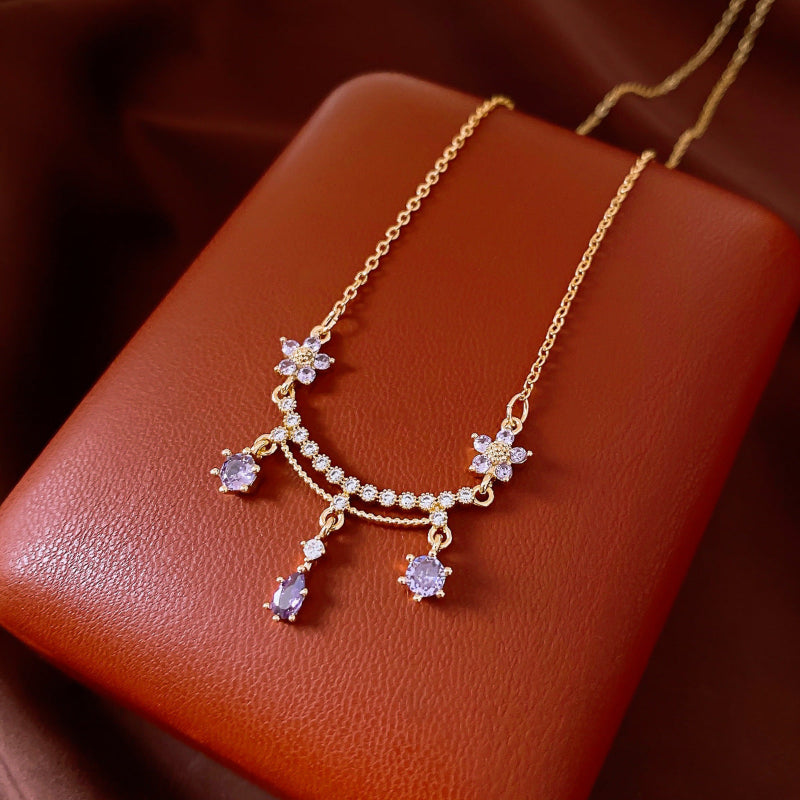 Vintage Floral Multi-Stone Drop Diamond Bib Necklace, Dainty Chain Romantic Wedding Bridal Statement Jewelry