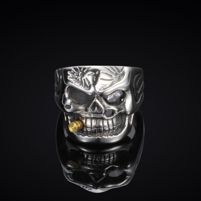Retro Punk Bold Skull Ring with Diamond Eye, Distressed Gothic Biker Men's Statement Jewelry
