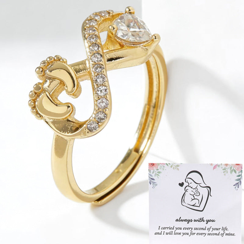 Open Adjustable Mom Baby Footprint Infinity Ring, Heart‑Stone Mother’s Keepsake Ring