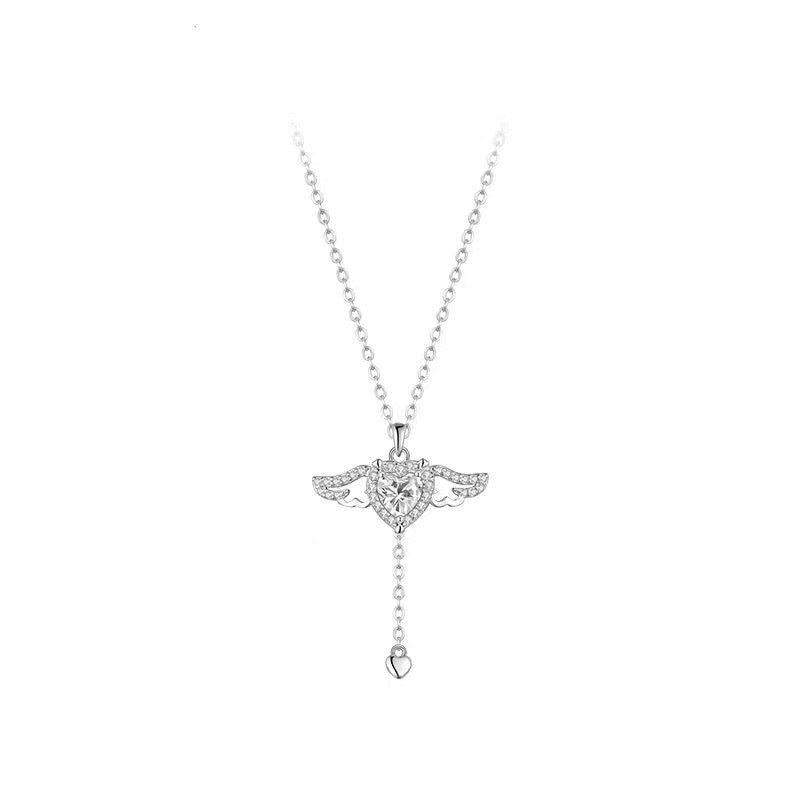 Angel Wing Heart Halo Lariat Drop Silver Necklace, Movable Winged Collarbone Necklace