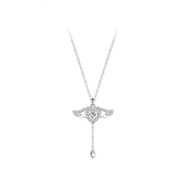 Angel Wing Heart Halo Lariat Drop Silver Necklace, Movable Winged Collarbone Necklace