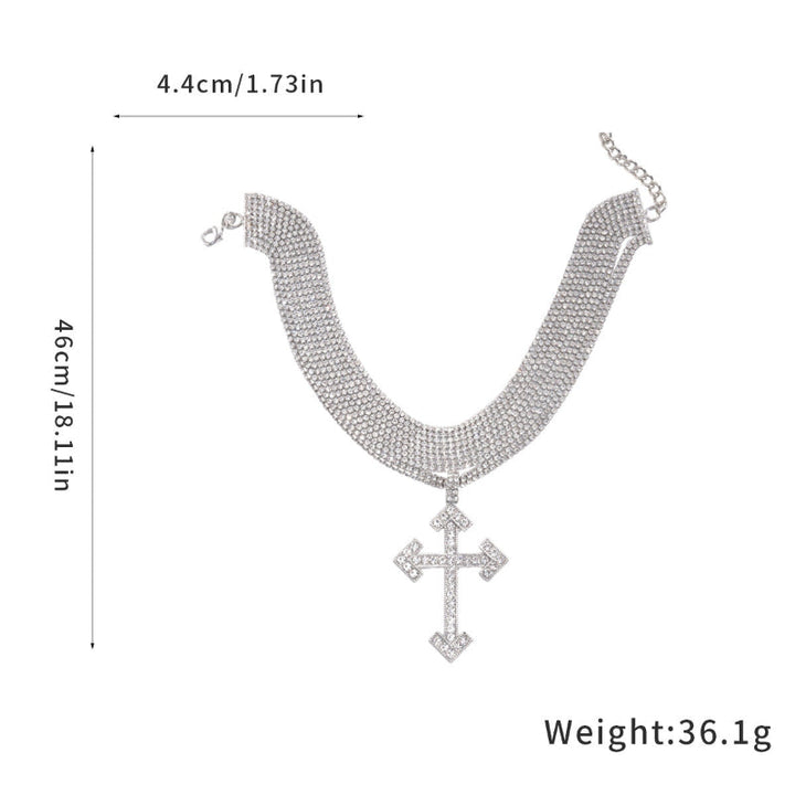 Arrow Cross Pendant Multi-Row Diamonds Choker Necklace, Hip Hop Bling Jewelry