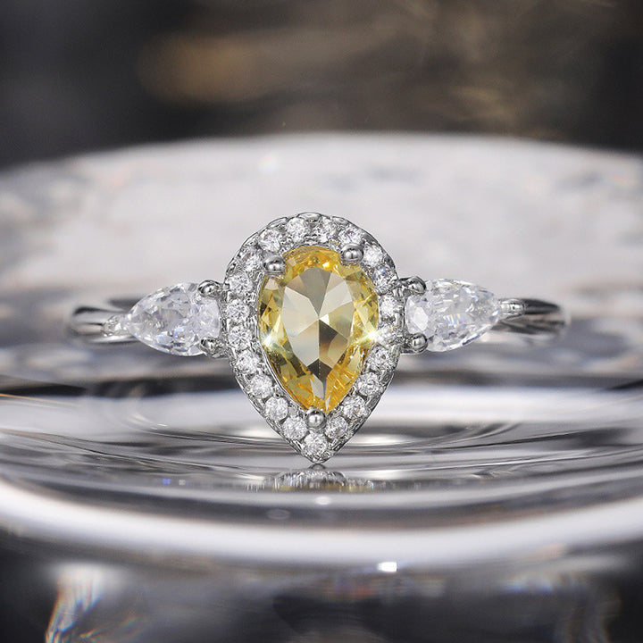 Pear‑Cut Yellow Diamond Halo Ring, Elegant Three‑Stone Women’s Ring