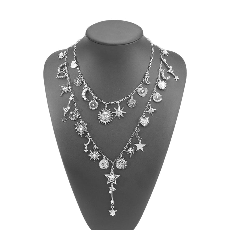 Multi‑Layer Celestial Charm Diamond Necklace, Sun Moon Star Pendant Necklace