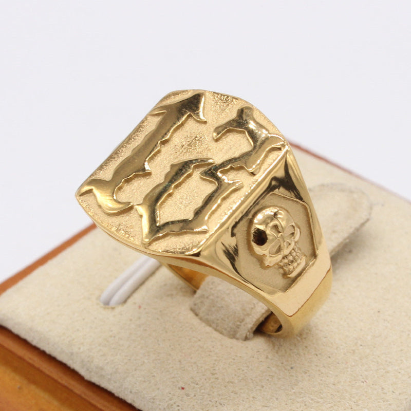 Vintage Carved Skull Side Signet Ring, Retro Biker Punk Men’s Statement Ring