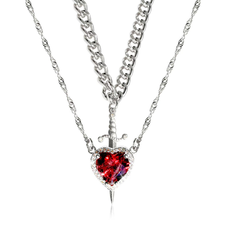 Double Layer Sword Through Heart Gem Necklace, Gothic Halo Gem Stack Pendant Chain