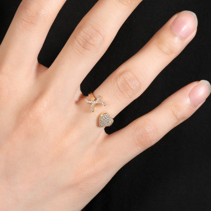 26‑Letter Open Cuff Ring, Paved Diamond Initial &amp; Heart Adjustable Statement Ring