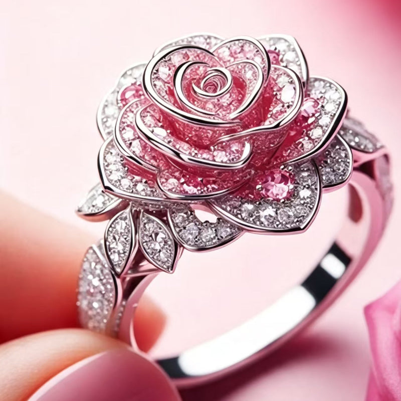 3D Rose‑Shape Pavé Diamond Ring, Rose Gold Tone Women’s Statement Ring