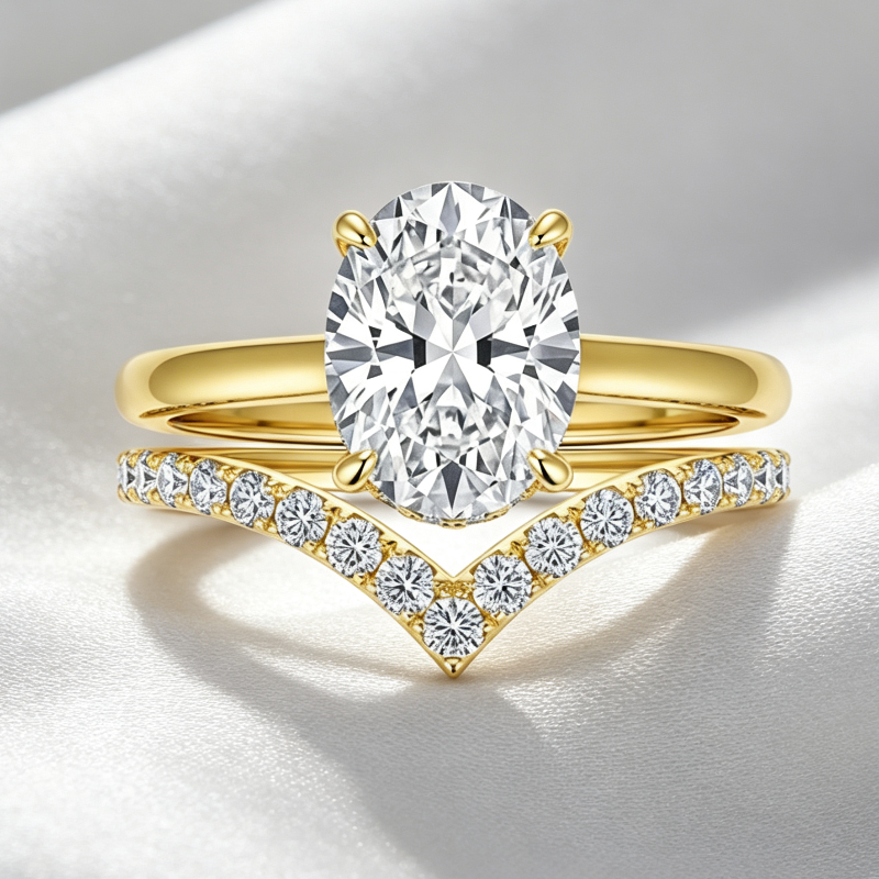 Oval 4-Prong Solitaire Engagement Ring, Pave V-Shaped Wedding Band Bridal Matching Stack Jewelry