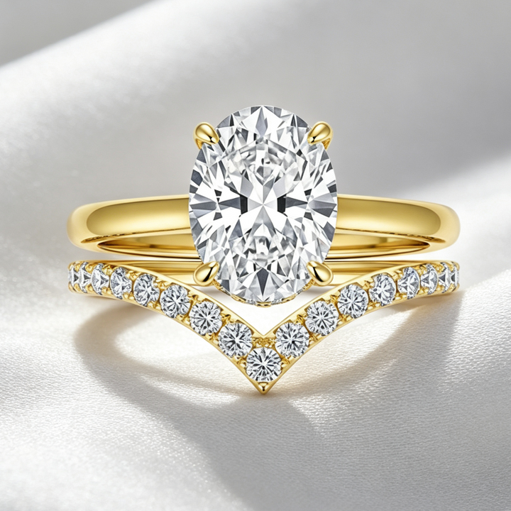 Oval 4-Prong Solitaire Engagement Ring, Pave V-Shaped Wedding Band Bridal Matching Stack Jewelry