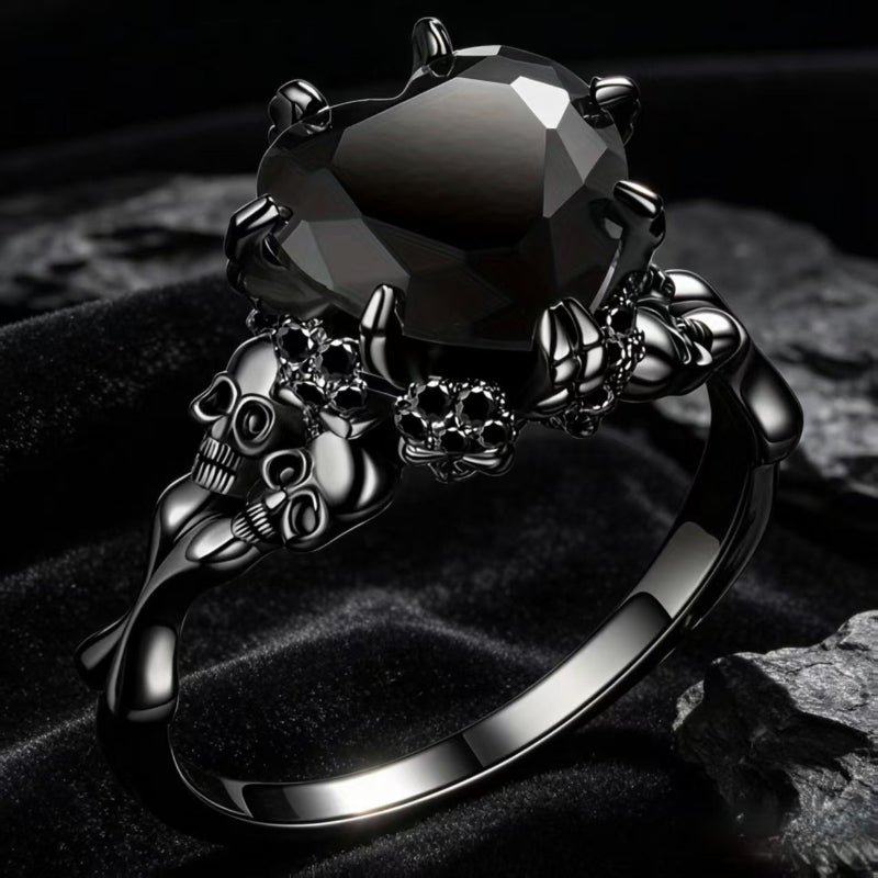 Gothic Skull Claw Heart Gem Ring, 3 Color Red Black Purple Heart Stone Dark Punk Halloween Statement Ring