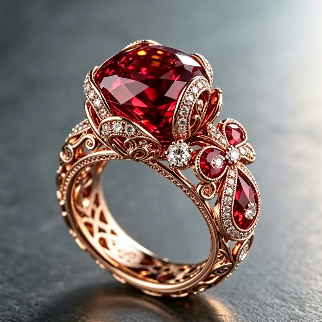 Vintage Ruby Gemstone Ring, Ornate Filigree Carved Statement Ring, Luxury Jewelry for Women