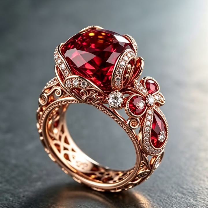 Vintage Ruby Gemstone Ring, Ornate Filigree Carved Statement Ring, Luxury Jewelry for Women