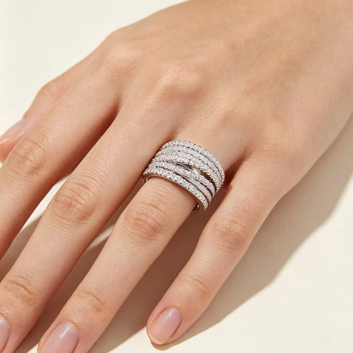 Multi-Layer Pave Curved Wide Band Diamond Statement Ring, Luxury Wavy Split Shank Ring For Women
