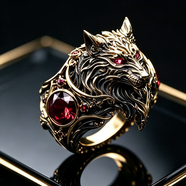 Vintage Wolf‑Head Men’s Statement Ring With Red Gemstones Gothic Wide Band Ring