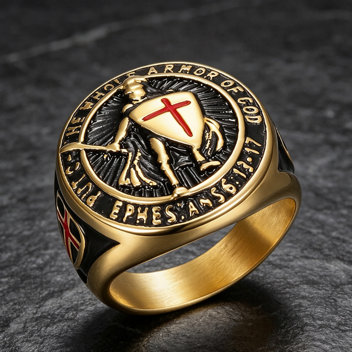 3‑Tone Warrior Cross Shield Religious Statement Ring for Men