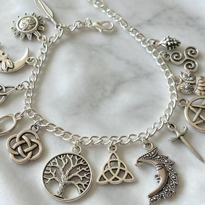 Multi Charm Toggle Clasp Silver Charm Bracelet, Tree Of Life Triple Moon Triquetra Pentacle Vintage Gothic Jewelry