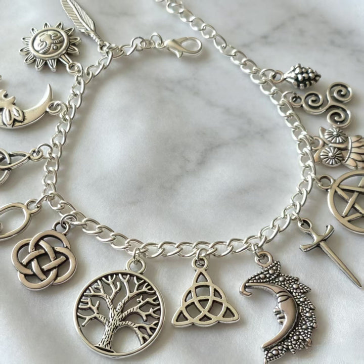 Multi Charm Toggle Clasp Silver Charm Bracelet, Tree Of Life Triple Moon Triquetra Pentacle Vintage Gothic Jewelry