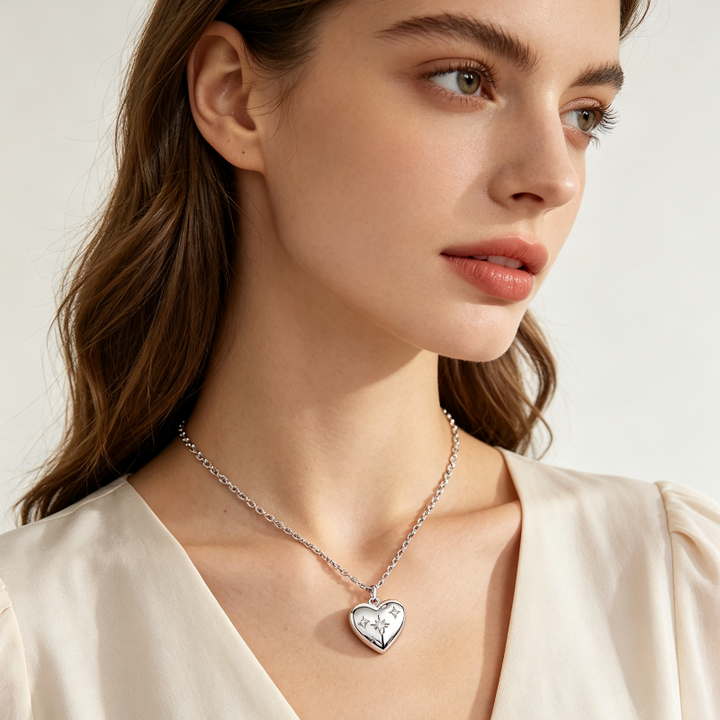 Star Engraved Puffy Heart Pendant Necklace, Dainty Celestial Collarbone Chain