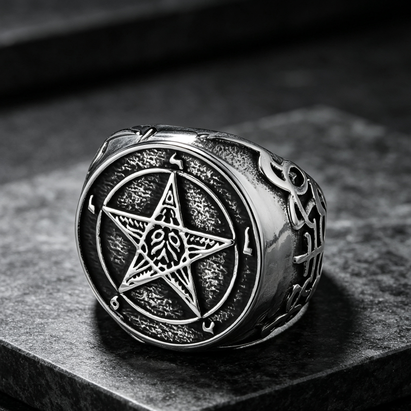 Gothic Pentagram Baphomet‑Style Signet Ring Men Ring, Antique Engraved Celtic Knot Statement Ring