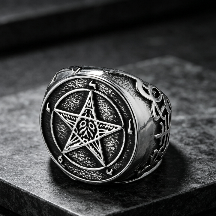 Gothic Pentagram Baphomet‑Style Signet Ring Men Ring, Antique Engraved Celtic Knot Statement Ring